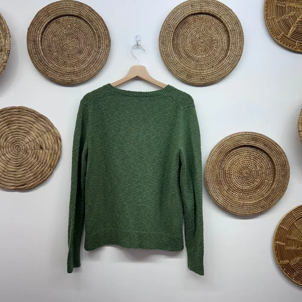 J. Crew Green V-Neck Slub Sweater Medium Cotton Knit Preppy Casual Minimalist
